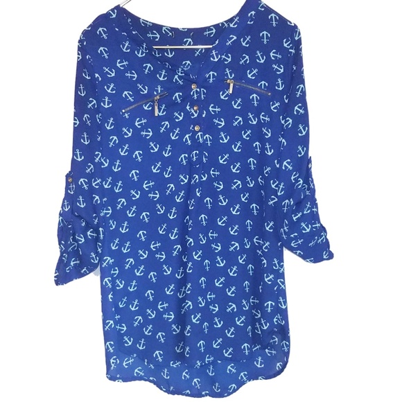 Blue Lightweight Tunic w Aqua Anchor Pattern - Picture 2 of 4